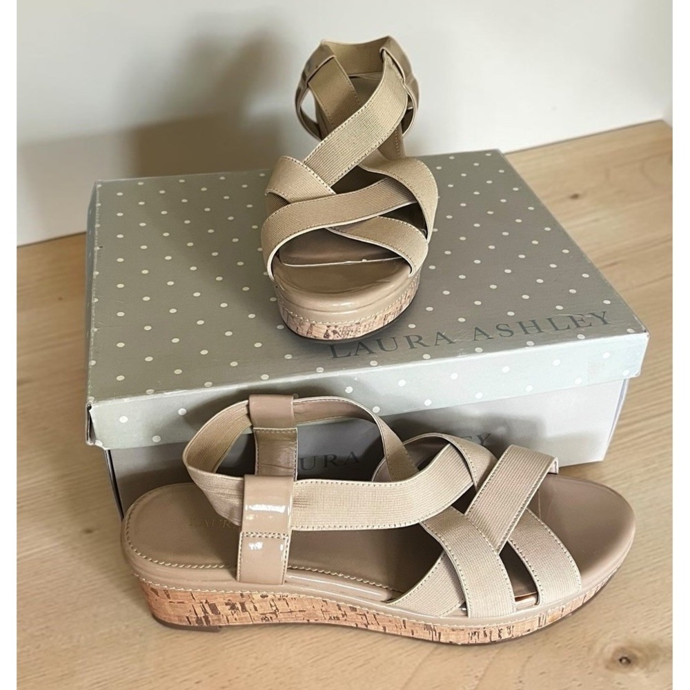 Laura Ashley Sandals Beige Stretch Strappy Platform Cork Sandals Womens 9.5B
